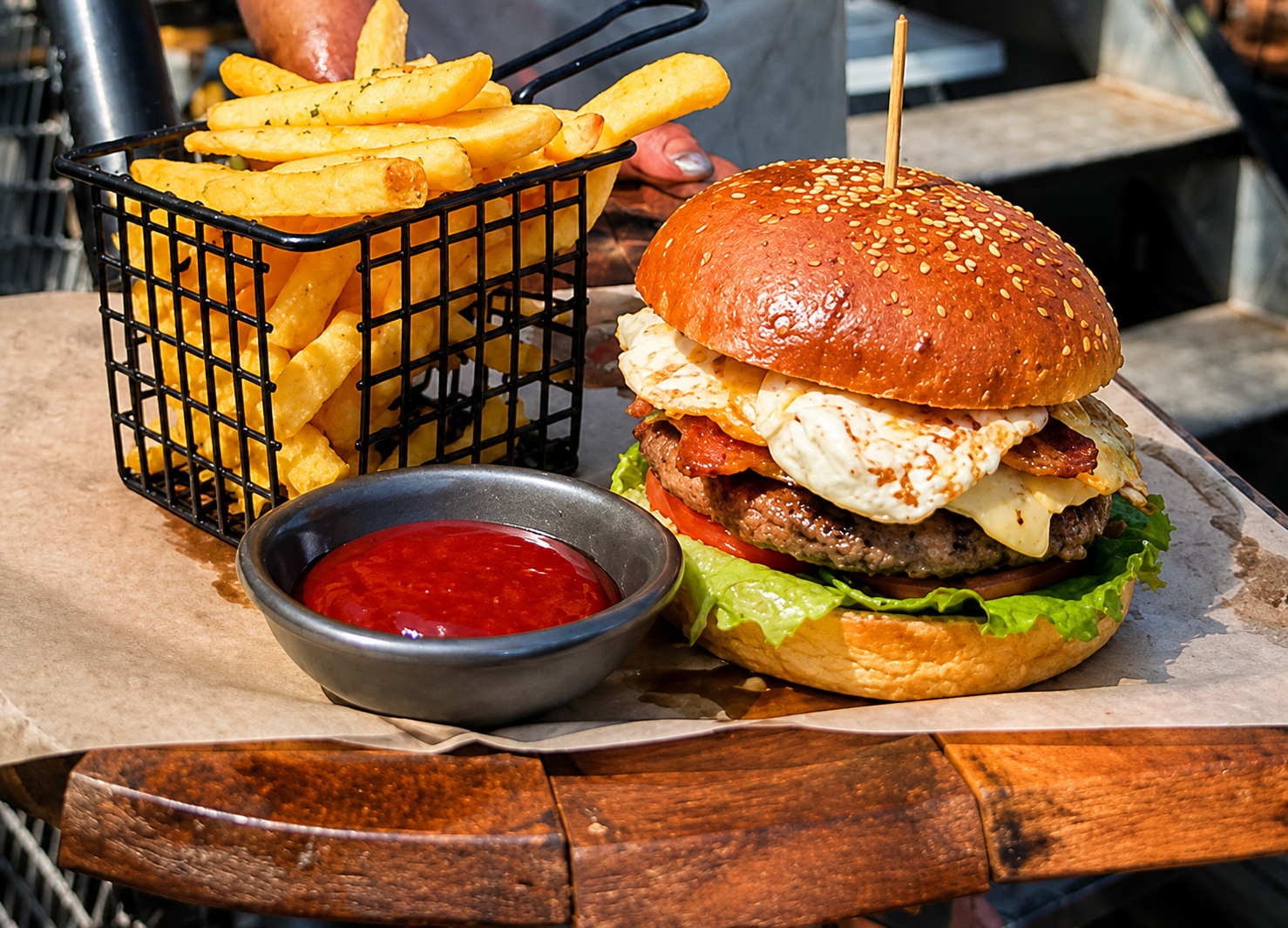 Beef burger and chips